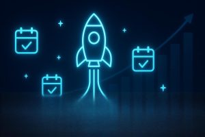 Glowing neon-blue rocket icon launching from a digital pipeline, surrounded by calendar icons, checkmarks, rising bar charts, and stars—set against a dark SaaS-style UI background representing growth and momentum.