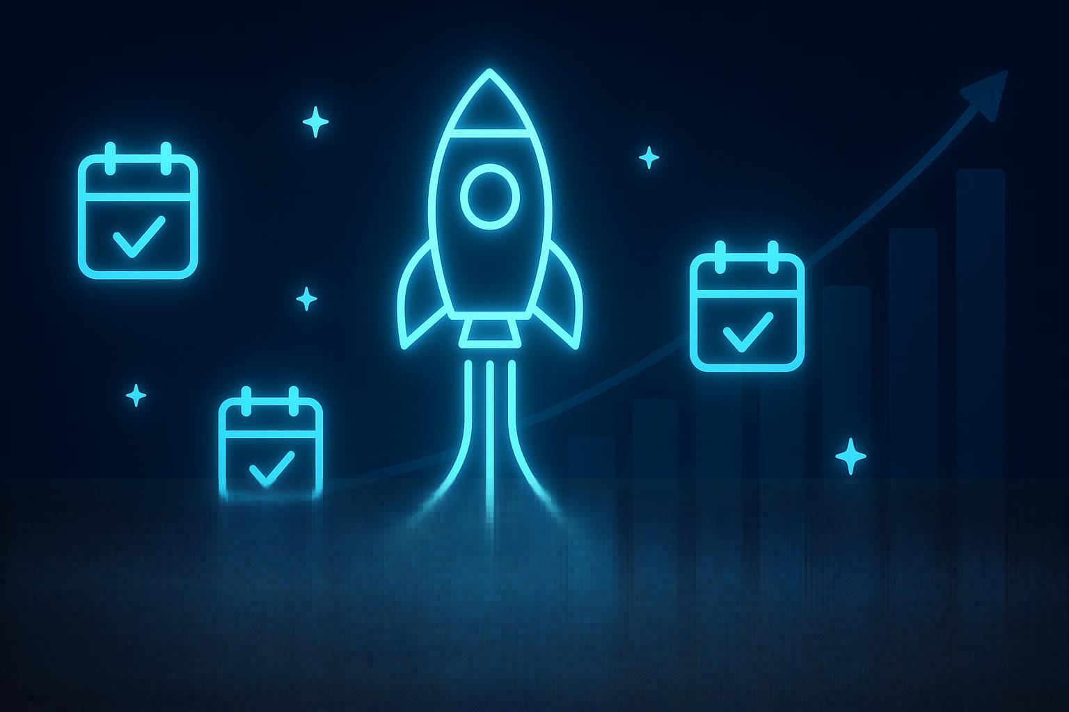 Glowing neon-blue rocket icon launching from a digital pipeline, surrounded by calendar icons, checkmarks, rising bar charts, and stars—set against a dark SaaS-style UI background representing growth and momentum.