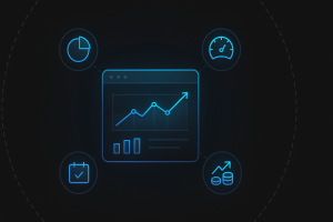 Illustration of a glowing analytics dashboard with icons for charts, speedometer, ROI, and calendar, representing performance-driven reporting and sales funnel optimization in a B2B campaign