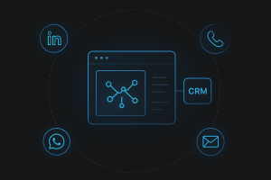 Illustration showing omnichannel B2B communication with glowing blue icons for LinkedIn, WhatsApp, phone, email, and CRM orbiting a central network dashboard on a dark background