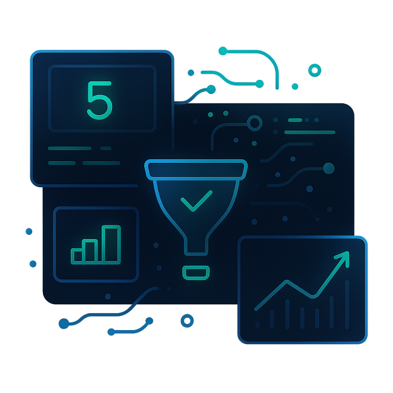 Glowing neon-blue icon of an analytics dashboard featuring vertical bars and a line chart with upward trend, labeled “Analytics Dashboard,” set on a dark gradient background in 1:1 aspect ratio.