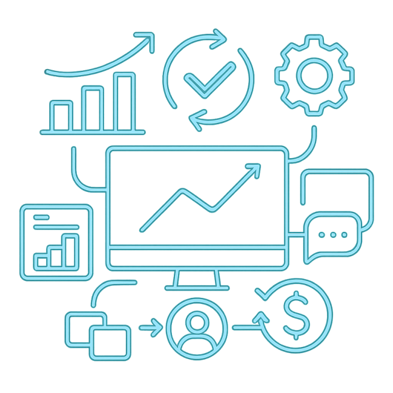Transparent neon-blue illustration of a glowing dashboard with line charts, bar graphs, dollar sign, gear, and optimization arrows, representing real-time analytics and campaign refinement in account-based marketing.