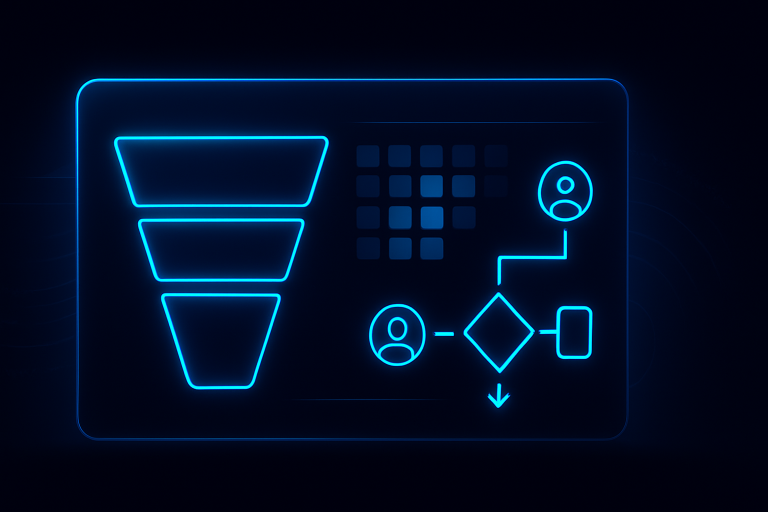 Neon-blue glowing dashboard featuring a funnel graph, heatmap grid, and buyer journey flowchart on a dark background, representing data-driven account-based marketing performance.