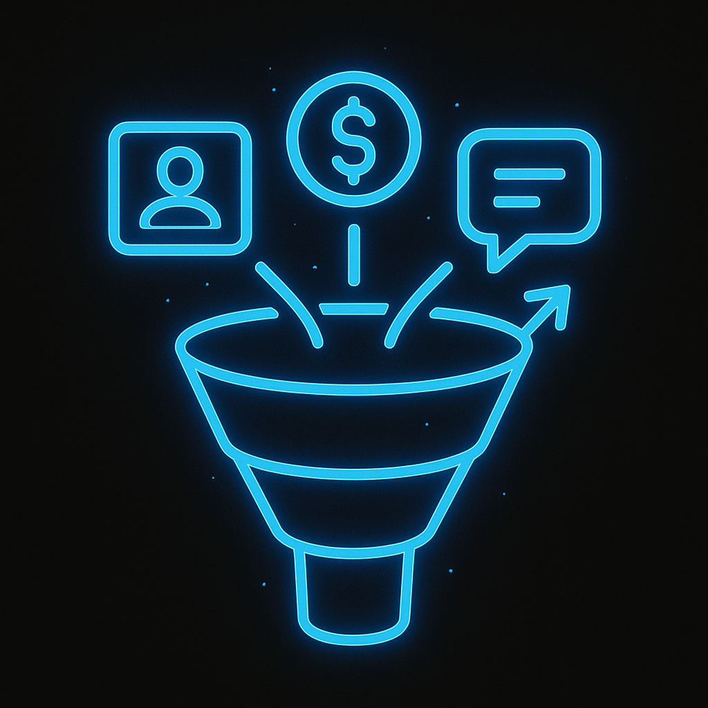 Futuristic sales funnel icon glowing in neon blue on a dark background, surrounded by contact card, dollar sign, chat bubble, and upward arrow — symbolizing data enrichment and conversion flow.