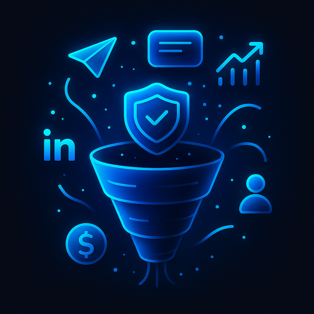 A futuristic 2D illustration of a glowing neon-blue LinkedIn marketing funnel, surrounded by flat UI icons including a paper plane, LinkedIn logo, dollar sign, chat bubble, line graph, and profile avatar. The scene is set against a dark background with soft particle bursts and dynamic connector lines, representing B2B lead generation flow.