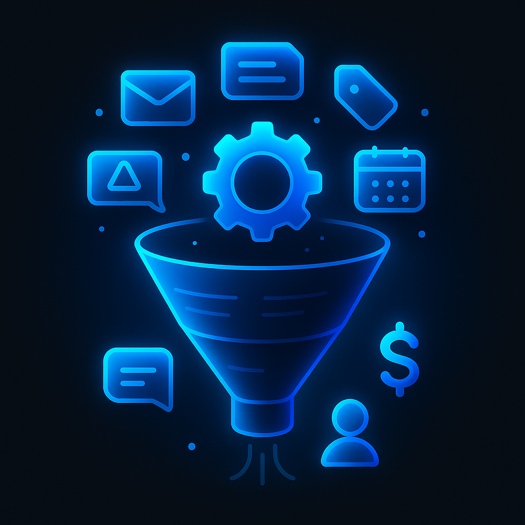 A futuristic 2D illustration of a glowing neon-blue LinkedIn marketing funnel, surrounded by flat UI icons including a paper plane, LinkedIn logo, dollar sign, chat bubble, line graph, and profile avatar. The scene is set against a dark background with soft particle bursts and dynamic connector lines, representing B2B lead generation flow.