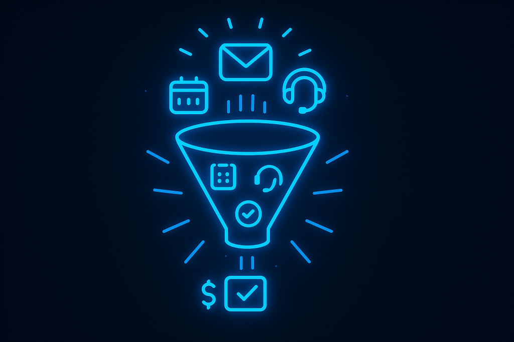 Dark UI illustration of a glowing neon-blue funnel showing cold emails, calendar icons, SDR headset, and replies flowing into confirmed meetings and dollar signs, symbolizing B2B appointment booking conversion.