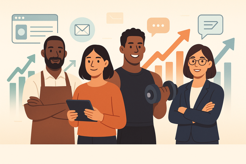 Illustration of diverse small business owners representing lead generation for small businesses with growth charts, emails, and digital marketing icons in a flat modern style.