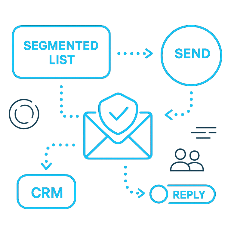 Futuristic 4:3 digital illustration of a glowing email workflow diagram, showing progression from segmented list to CRM, sending stage, and replies. Nodes are connected by dotted neon-blue arrows with icons representing time, user profiles, and communication steps.