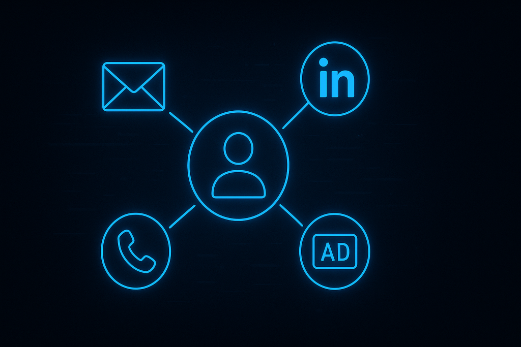 Neon-blue glowing icons of email, LinkedIn, phone, and digital ads orbiting a central user icon, all connected by lines on a dark tech-style background, representing omnichannel account-based marketing.