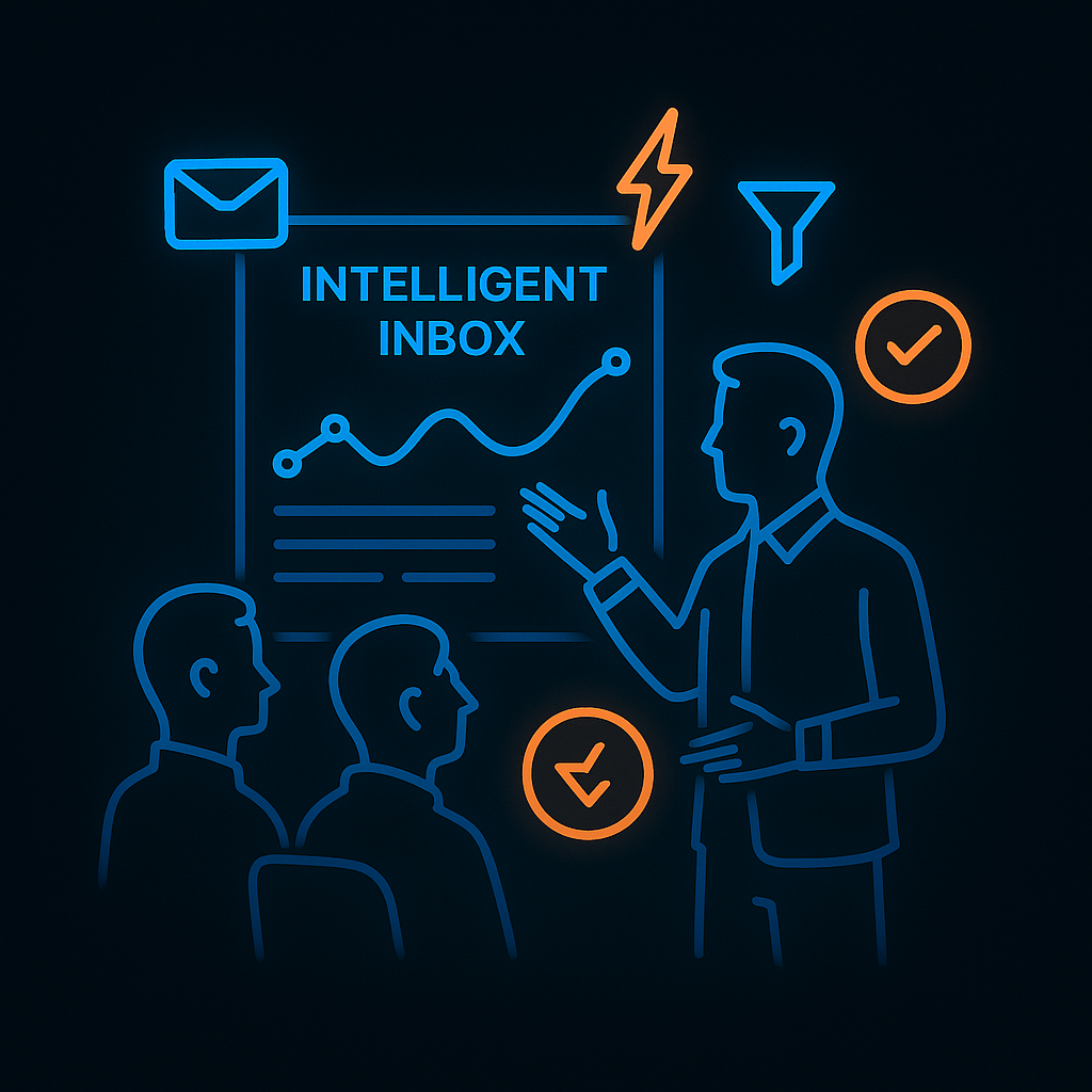 Neon-blue and orange illustration of a team viewing an intelligent inbox dashboard, with icons for envelope, lightning bolt, filter, and checkmark profile on a dark UI background in 1:1 aspect ratio.