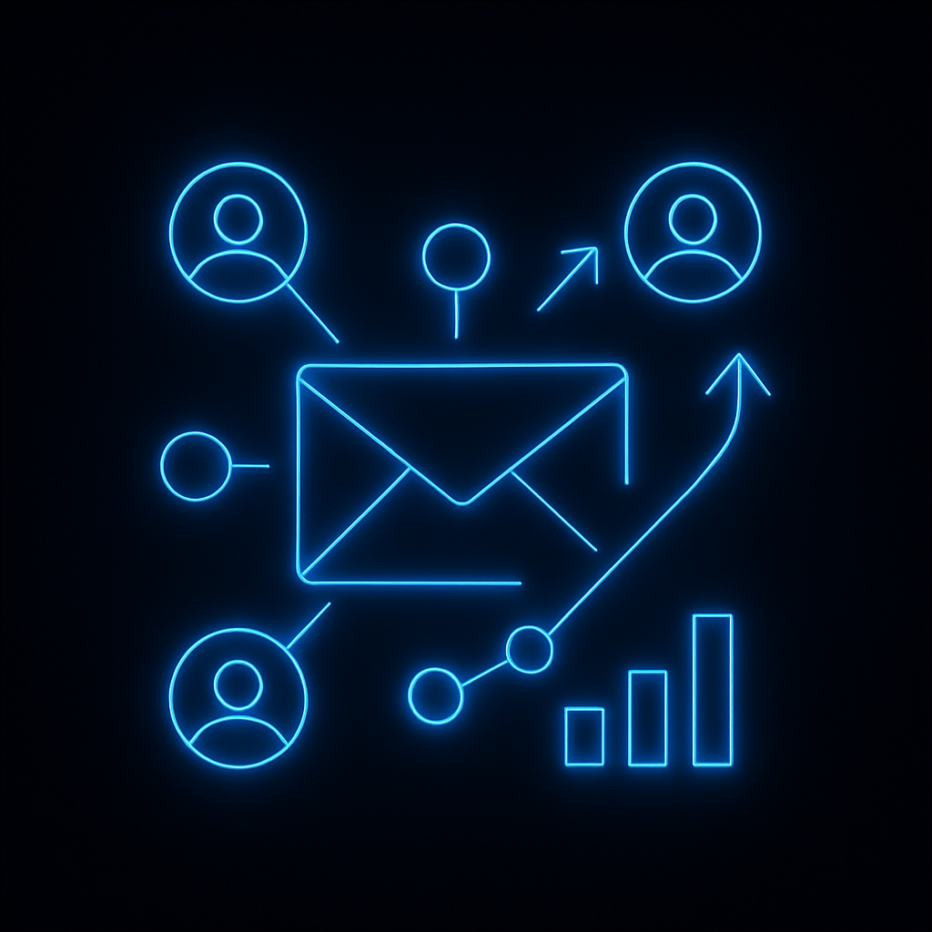 A neon-blue glowing email icon surrounded by connected nodes representing engaged contacts, with upward-pointing arrows symbolizing growth, all set against a dark background with a subtle glow.