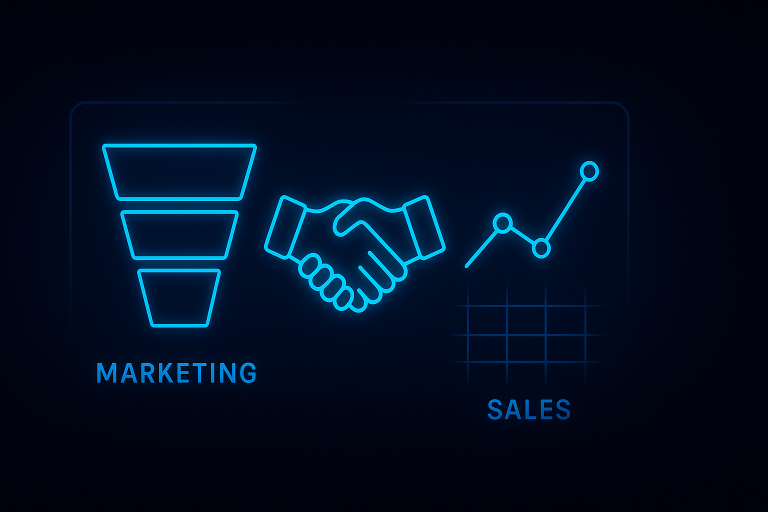 Neon-blue glowing handshake icon between a marketing funnel chart and a rising sales graph, set on a dark tech-style background, symbolizing alignment between marketing and sales in account-based marketing.