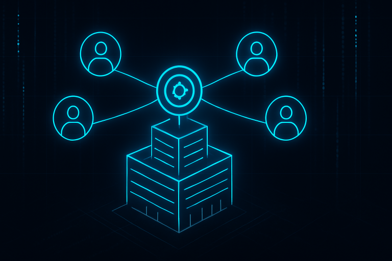 Neon-blue glowing illustration of a business building connected by radiant lines to user profile icons, with a central target icon symbolizing account-based marketing precision, set on a dark digital background.