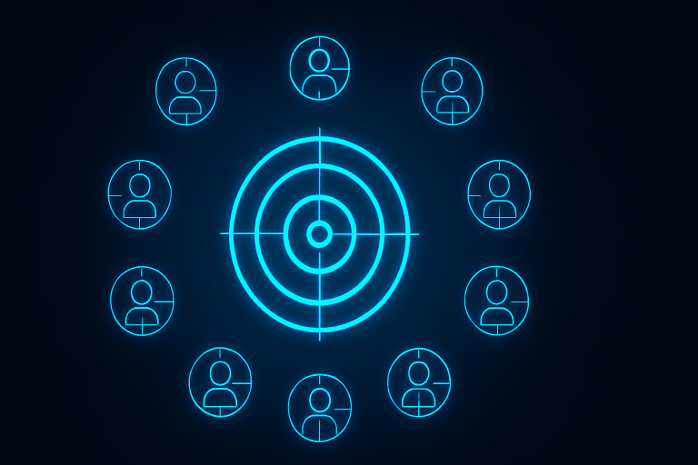 Neon-blue glowing target icon at the center surrounded by segmented user profile icons, all set against a dark gradient background, representing precise account-based marketing targeting.
