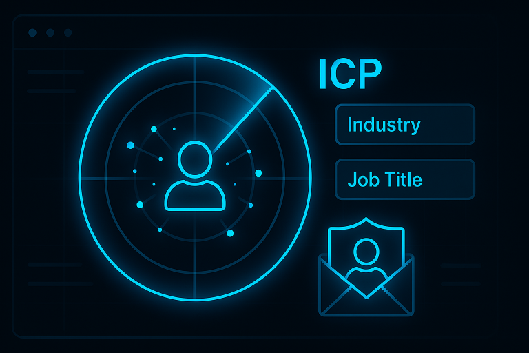 A dark UI digital illustration of a neon-blue glowing radar screen locking onto a central avatar icon, with network lines pointing to ICP filters like “Industry” and “Job Title.” Features include a glowing envelope with profile icon and a futuristic B2B SaaS interface.