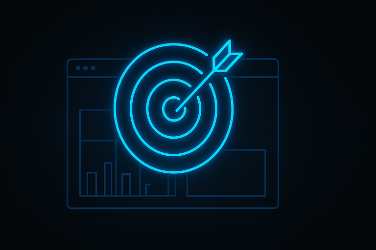 Neon-blue glowing bullseye icon with arrow placed on a digital dashboard grid, representing audience targeting on dark background in minimalist line-art style