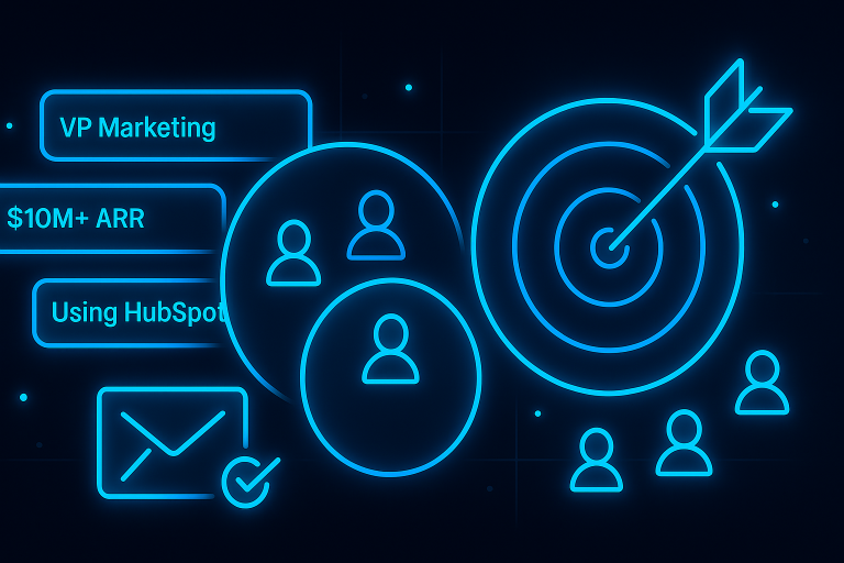 Dark UI illustration with glowing neon-blue circles representing user segments, filter tags like “VP Marketing,” and a centered target icon showing precise B2B lead targeting for appointment booking campaigns.