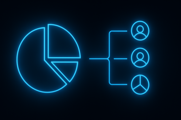 A neon-blue glowing pie chart with segmented audience icons connected by glowing lines, symbolizing email marketing analytics and targeted outreach, set against a dark background.
