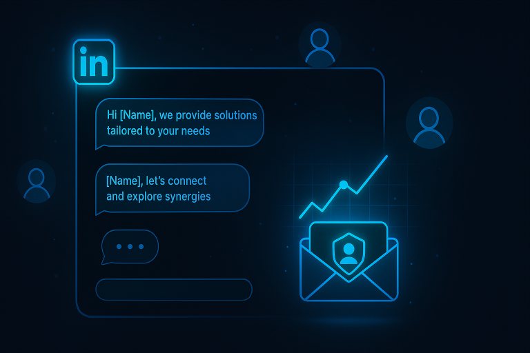 A 2D digital illustration of a dark-mode LinkedIn messaging interface featuring glowing message bubbles, floating profile icons, and a neon-blue line graph indicating engagement. Styled in a modern flat UI with vibrant highlights, representing B2B outreach and lead generation.
