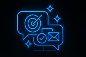 Electric blue glowing chat bubbles featuring a bullseye and spark icons on a dark background, representing personalized, high-converting digital content