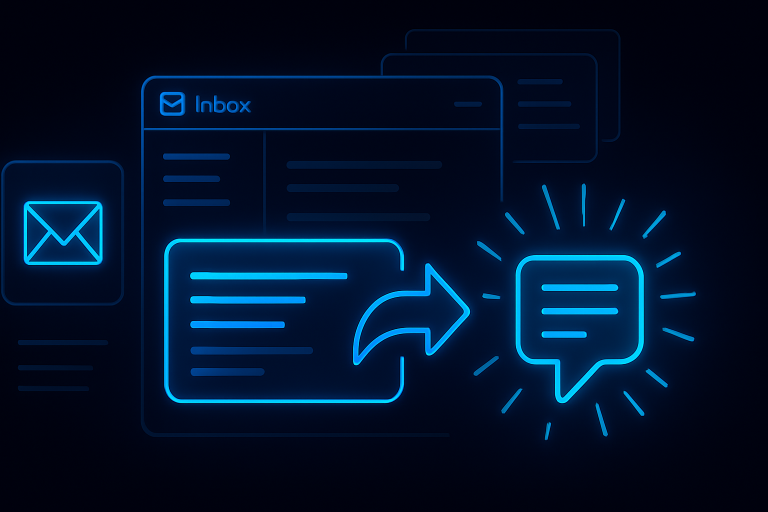 Dark UI illustration featuring glowing neon-blue inbox, reply arrow, message bubbles, and pencil icon, representing high-performing cold email copywriting and response-driven appointment booking workflows.