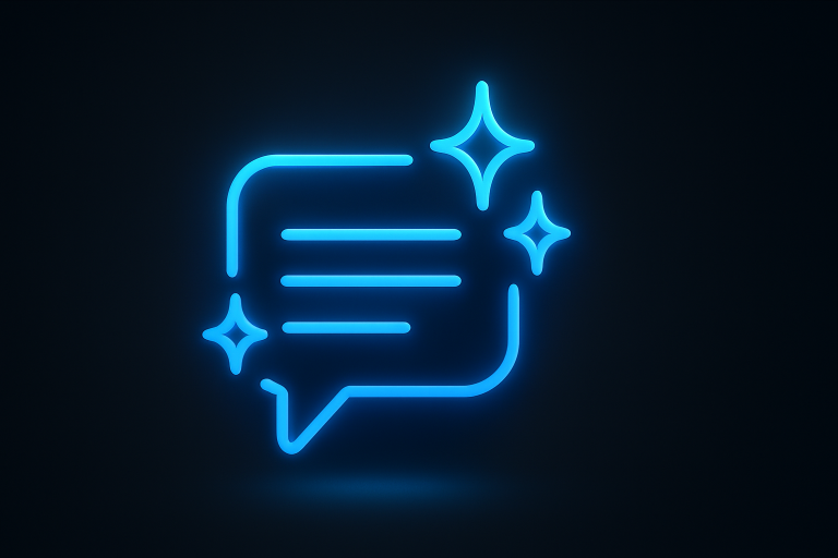 Glowing neon-blue chat bubble with three message lines surrounded by sparkles, representing personalized replies, set on a modern dark gradient background in 16:9 aspect ratio.