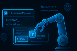A glowing robotic arm composes a LinkedIn message on a futuristic dark-mode SaaS interface, with message bubbles, a “Scheduled Message” notification, and an engagement progress tracker. Designed in neon-blue highlights and flat UI style to represent smart B2B outreach automation.