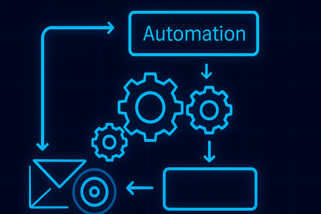 Glowing neon-blue line-art workflow with gears, arrows, and labeled automation blocks over a soft dark grid background, representing automated marketing processes