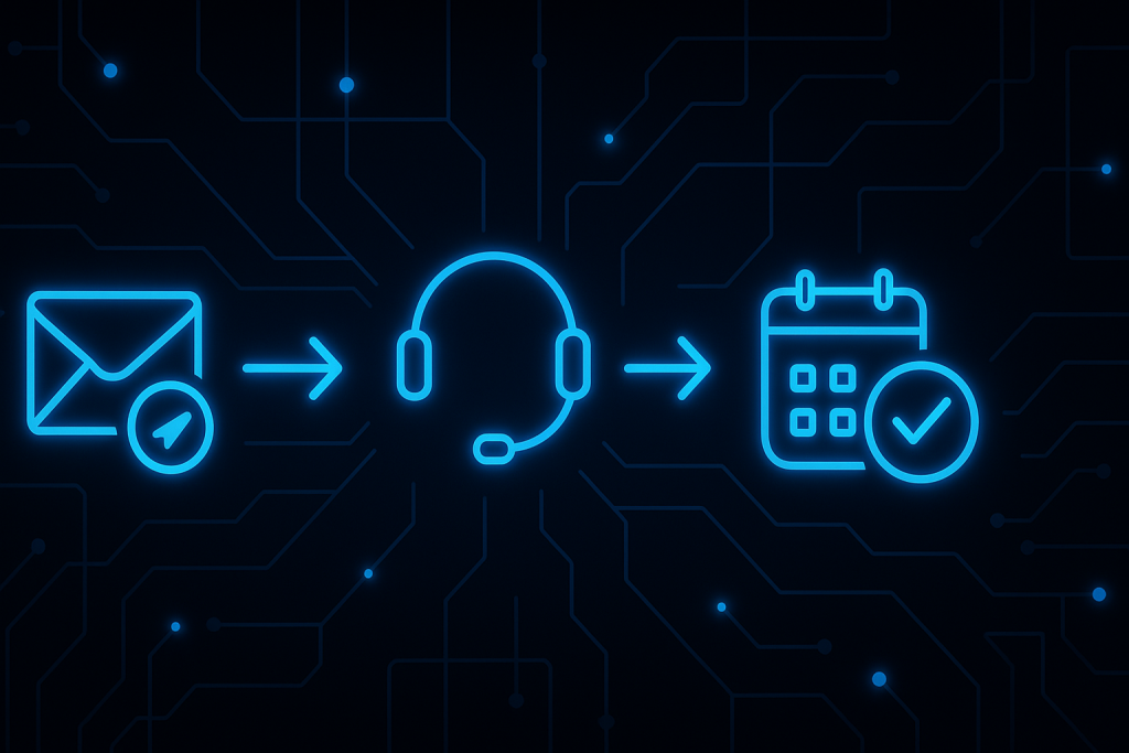 Glowing neon-blue illustration of email, SDR headset, calendar, and checkmark icons connected by arrows across a dark circuit-style UI, representing automation and human-led B2B appointment scheduling.