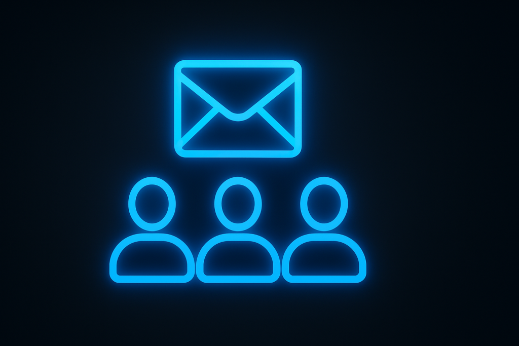 Glowing neon-blue icon showing three user profiles beneath a single shared inbox envelope, representing team collaboration in inbox management, styled on a dark gradient background in 16:9 aspect ratio.
