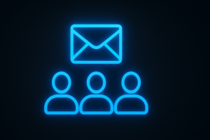 Glowing neon-blue icon showing three user profiles beneath a single shared inbox envelope, representing team collaboration in inbox management, styled on a dark gradient background in 16:9 aspect ratio.
