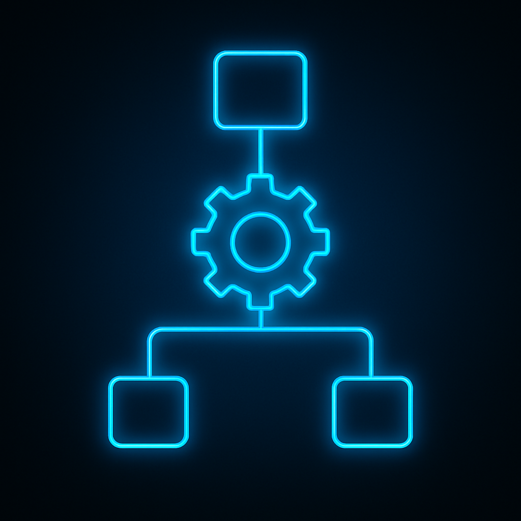 A neon-blue glowing flowchart with an automation gear icon at the center, connected to rectangular blocks, all set against a dark background with glowing edges.