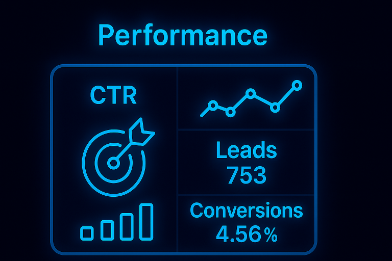 Digital marketing performance dashboard in neon-blue UI showing CTR, leads, and conversions with bar and line graphs on a dark background
