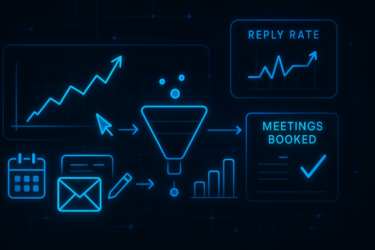 Dark UI illustration of a glowing dashboard with charts, conversion funnel, reply rate metrics, calendar slots, and a “Meetings Booked” panel, representing real-time tracking in appointment scheduling workflows.