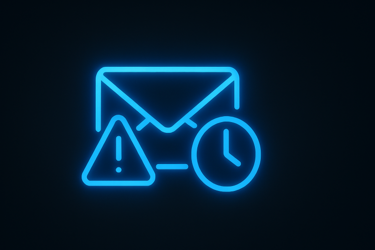 Glowing neon-blue icon showing an envelope with a stopwatch and a warning triangle on a dark gradient background, symbolizing delayed email responses or missed replies in 16:9 aspect ratio.