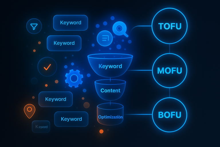 Dark UI diagram showing glowing keyword clusters connected to TOFU, MOFU, and BOFU icons, with filter icons, checkmarks, and segmentation lines in neon blue and soft orange glow