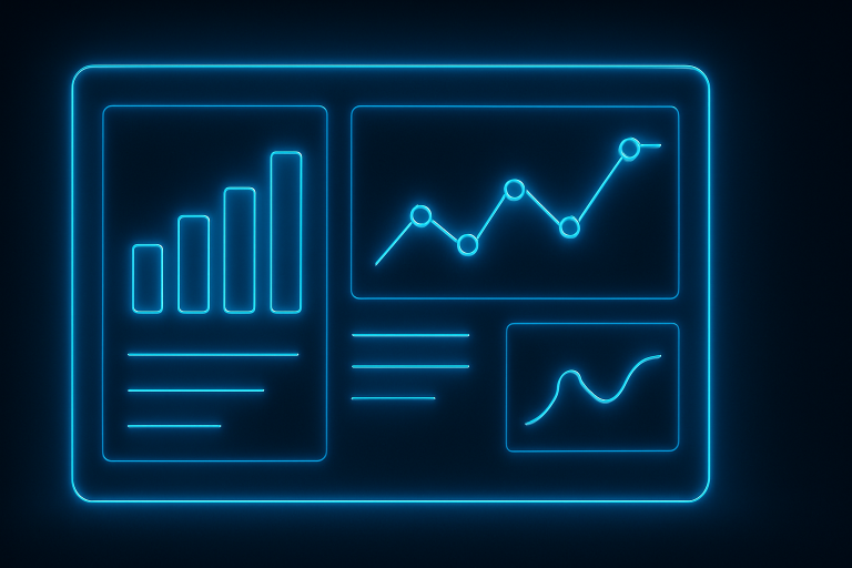 A neon-blue glowing email marketing analytics dashboard displaying bar charts, line graphs, and data points on a dark background, highlighting campaign performance and metrics.