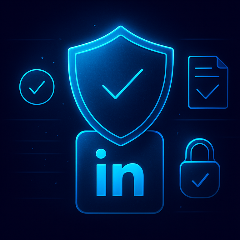 A glowing neon-blue shield icon hovers above a LinkedIn app symbol, surrounded by checkmarks, secure lock icons, and compliance documents. Set against a dark UI background to represent data protection and platform safety in B2B LinkedIn marketing.