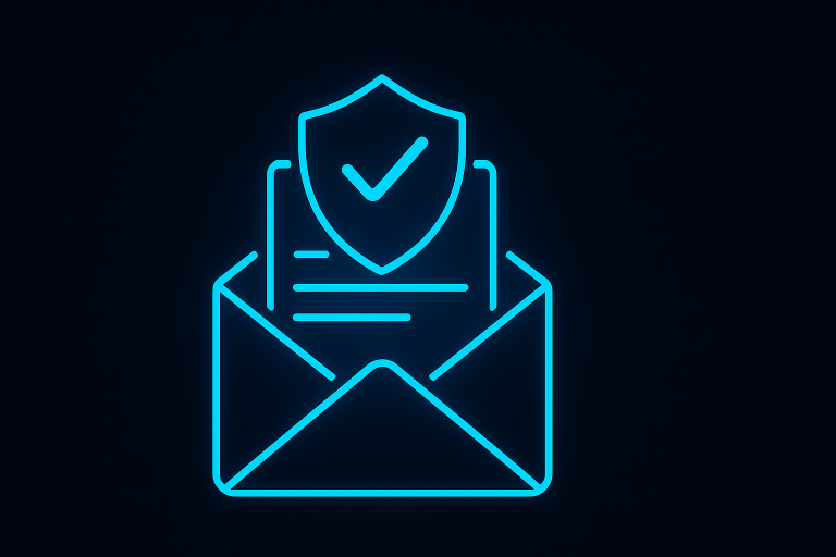 Glowing neon-blue envelope containing a document with a checkmarked shield, representing email security and compliance on a dark background