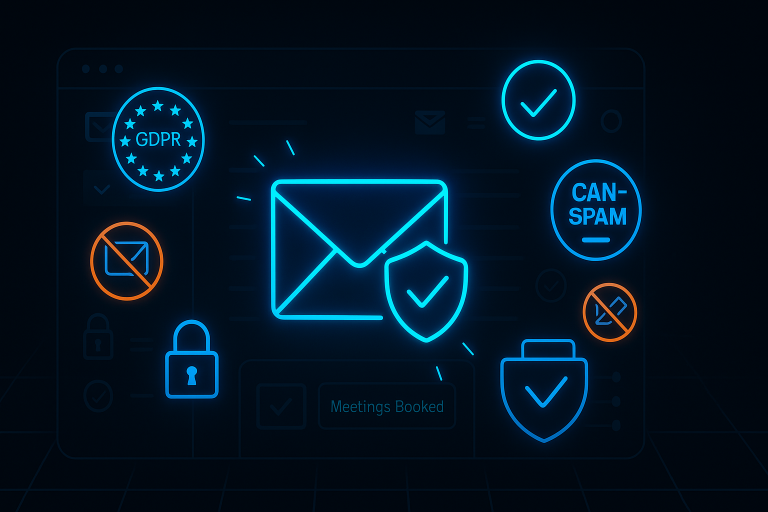 Dark UI image with a glowing neon-blue envelope, shield, GDPR and CAN-SPAM badges, lock icons, and anti-spam symbols, representing compliant, risk-free B2B appointment outreach.