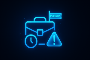 Glowing neon-blue icon of a business briefcase with a "PRIORITY" flag, stopwatch, and warning triangle, representing executive inbox management, on a dark modern SaaS-style background in 16:9 aspect ratio.