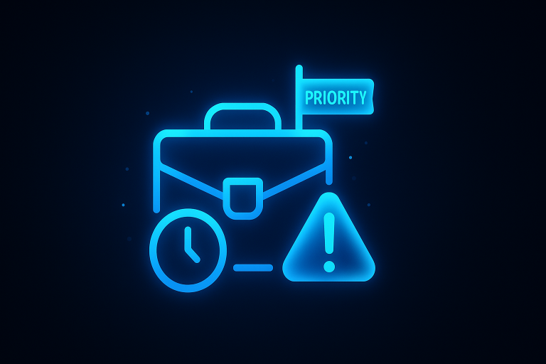 Glowing neon-blue icon of a business briefcase with a "PRIORITY" flag, stopwatch, and warning triangle, representing executive inbox management, on a dark modern SaaS-style background in 16:9 aspect ratio.