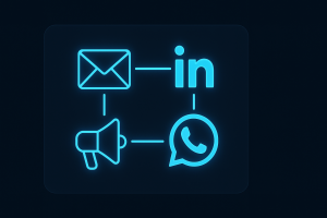 Flat UI card featuring glowing neon-blue icons of email, LinkedIn, WhatsApp, and digital ads, symbolizing interconnected communication channels on a dark tech-style background.