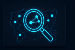 "Icon of a magnifying glass analyzing clustered data points on a dark flat UI card, with neon-blue glowing lines connecting key areas to represent advanced search and data visualization."