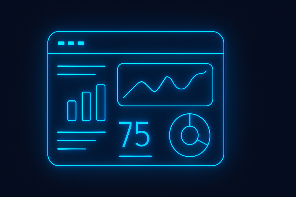 Flat UI card displaying a dynamic dashboard with glowing neon-blue charts and key performance indicators on a dark interface background