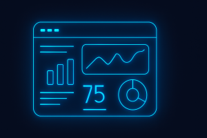 Flat UI card displaying a dynamic dashboard with glowing neon-blue charts and key performance indicators on a dark interface background