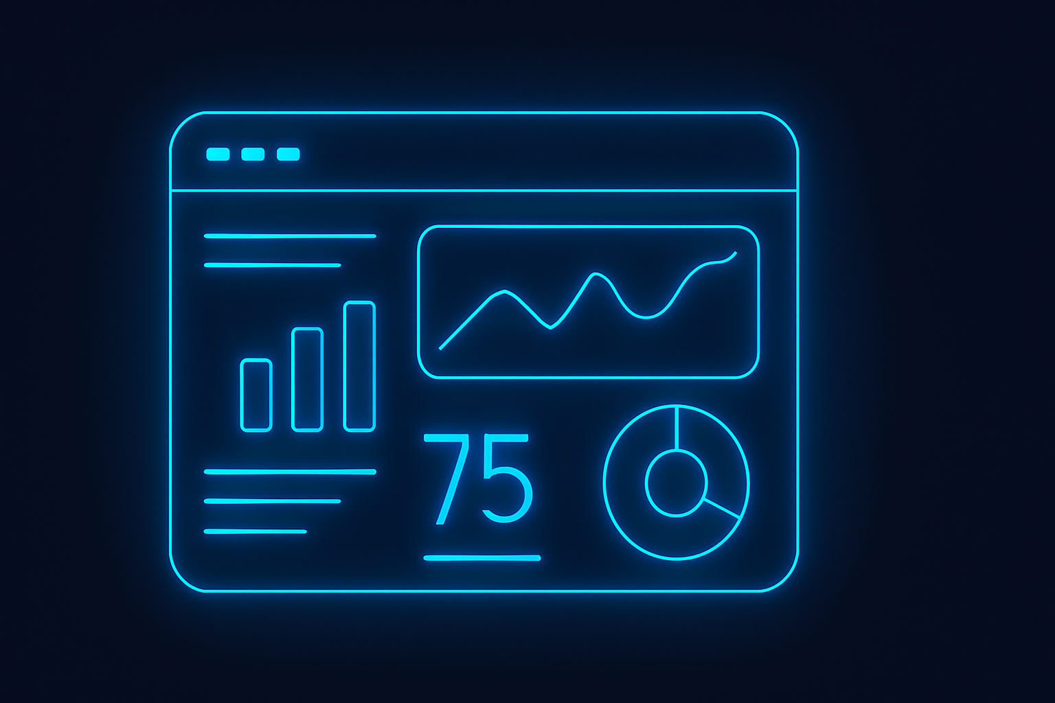 Flat UI card displaying a dynamic dashboard with glowing neon-blue charts and key performance indicators on a dark interface background