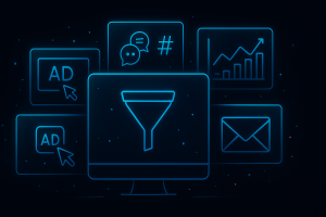 Flat UI illustration of a digital marketing dashboard showing funnel, ad clicks, email, social media, and web analytics icons with neon-blue glow on dark background