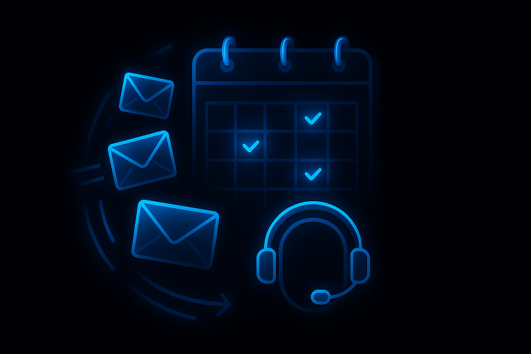 Dark UI illustration of a calendar with glowing blue checkmarks, flying email icons, and an SDR headset, symbolizing automated B2B appointment booking and scheduling.